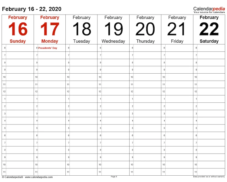 Calendarpedia weekly schedule template