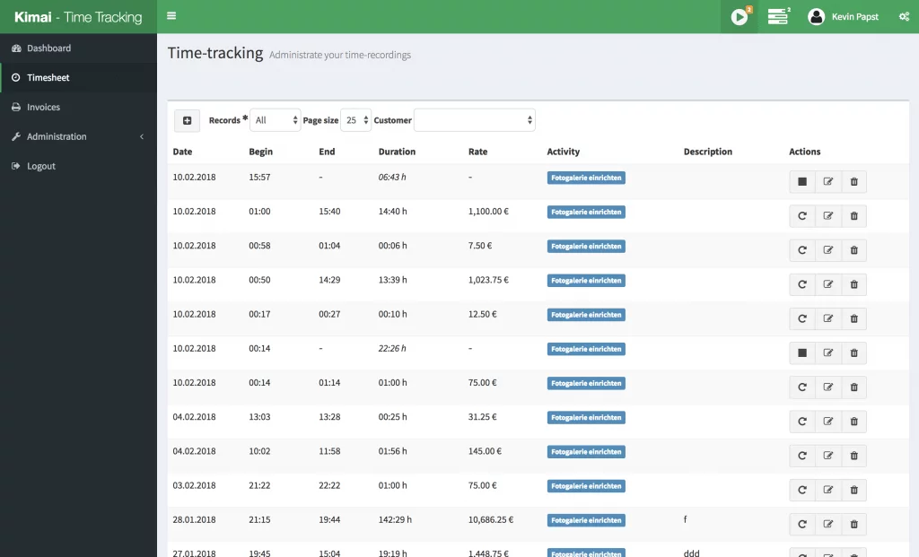 Kimai time tracking