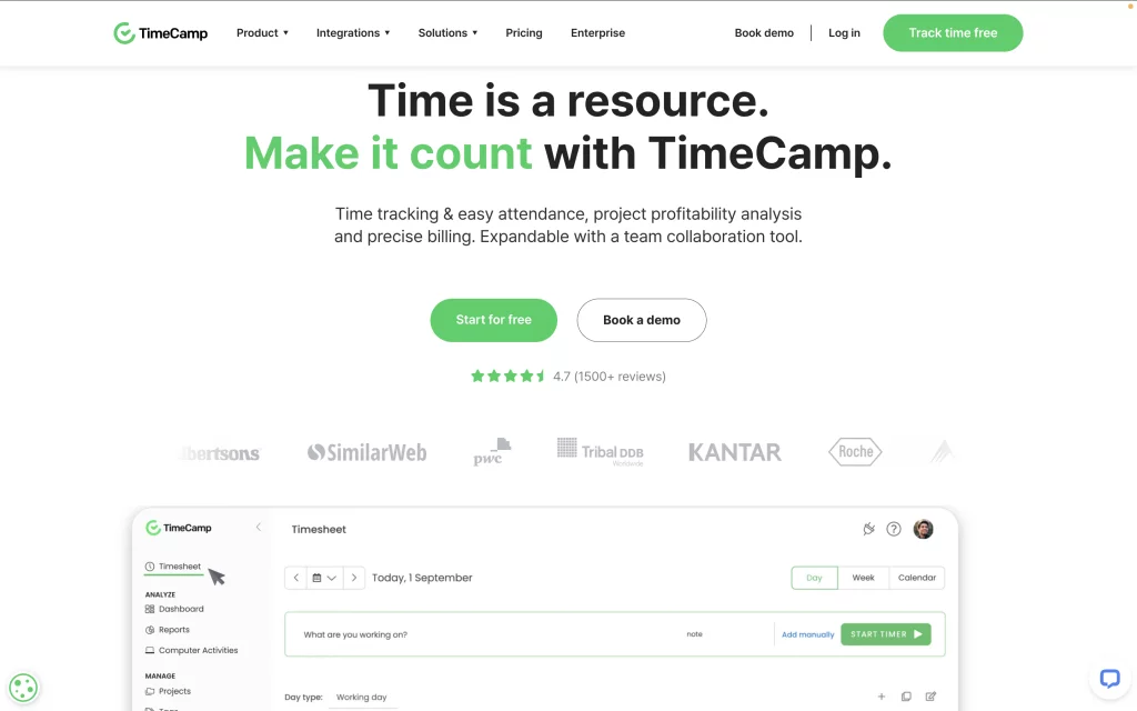 timecamp computer monitoring software webpage