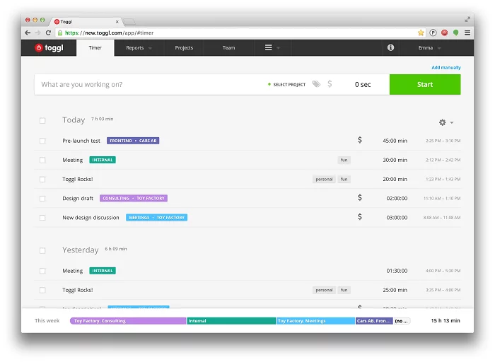 Toggl Time Tracker Timer page screenshot